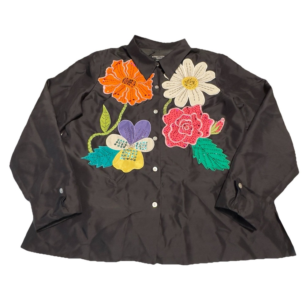 Russell Kemp Women Large 100% Silk Shirt Embroidered Button Floral Long Sleeve